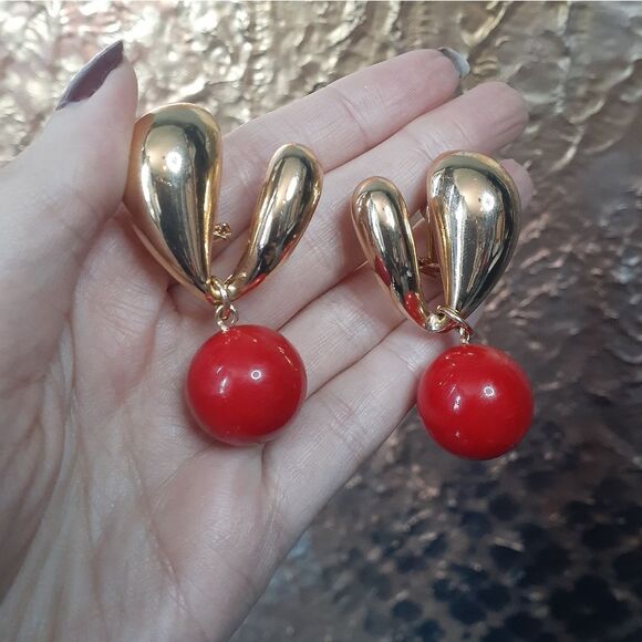 Zara Gold and Red Statement Earrings - Picture 3 of 9